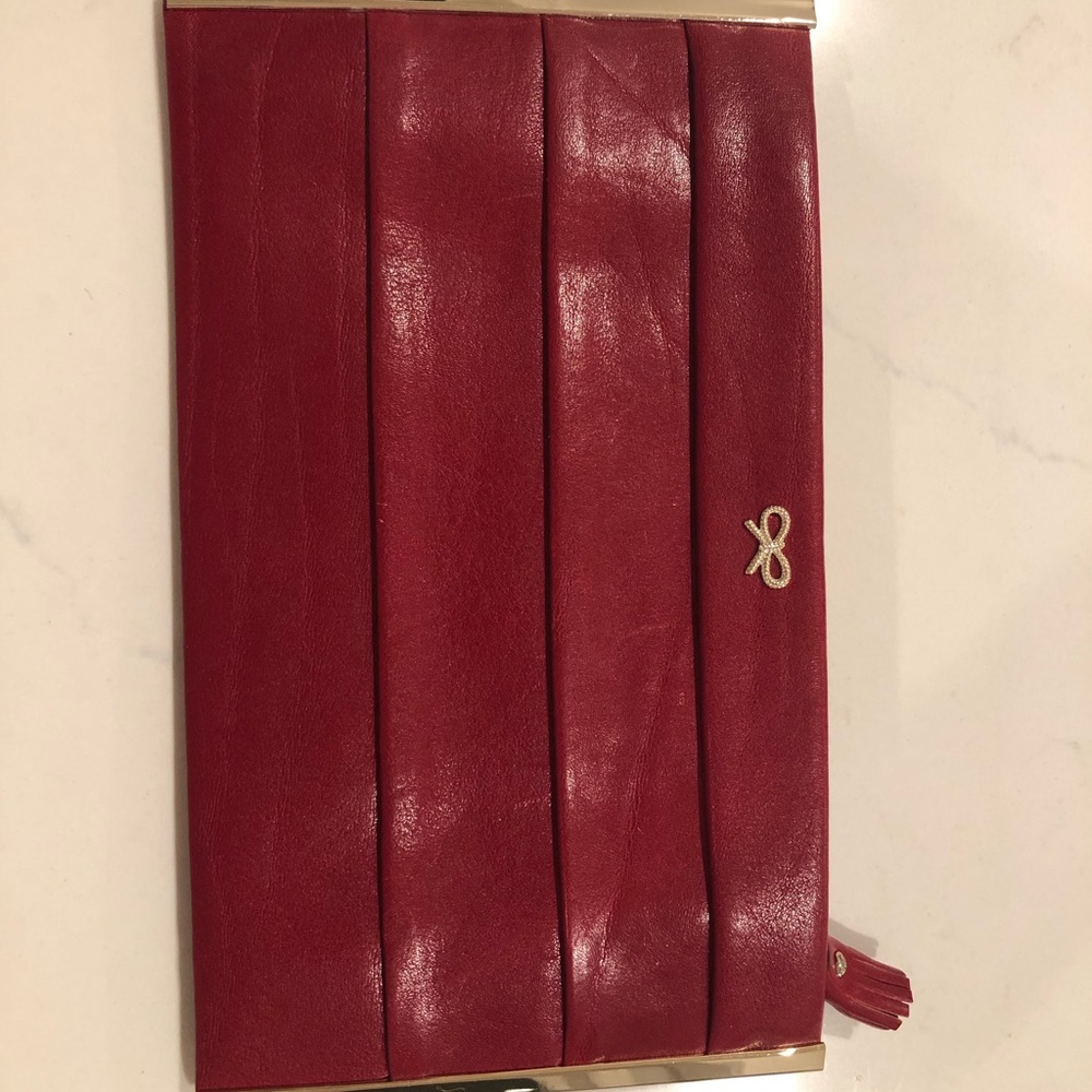 Anya Hindmarch Red Leather Pleated Clutch with Gold Hardware